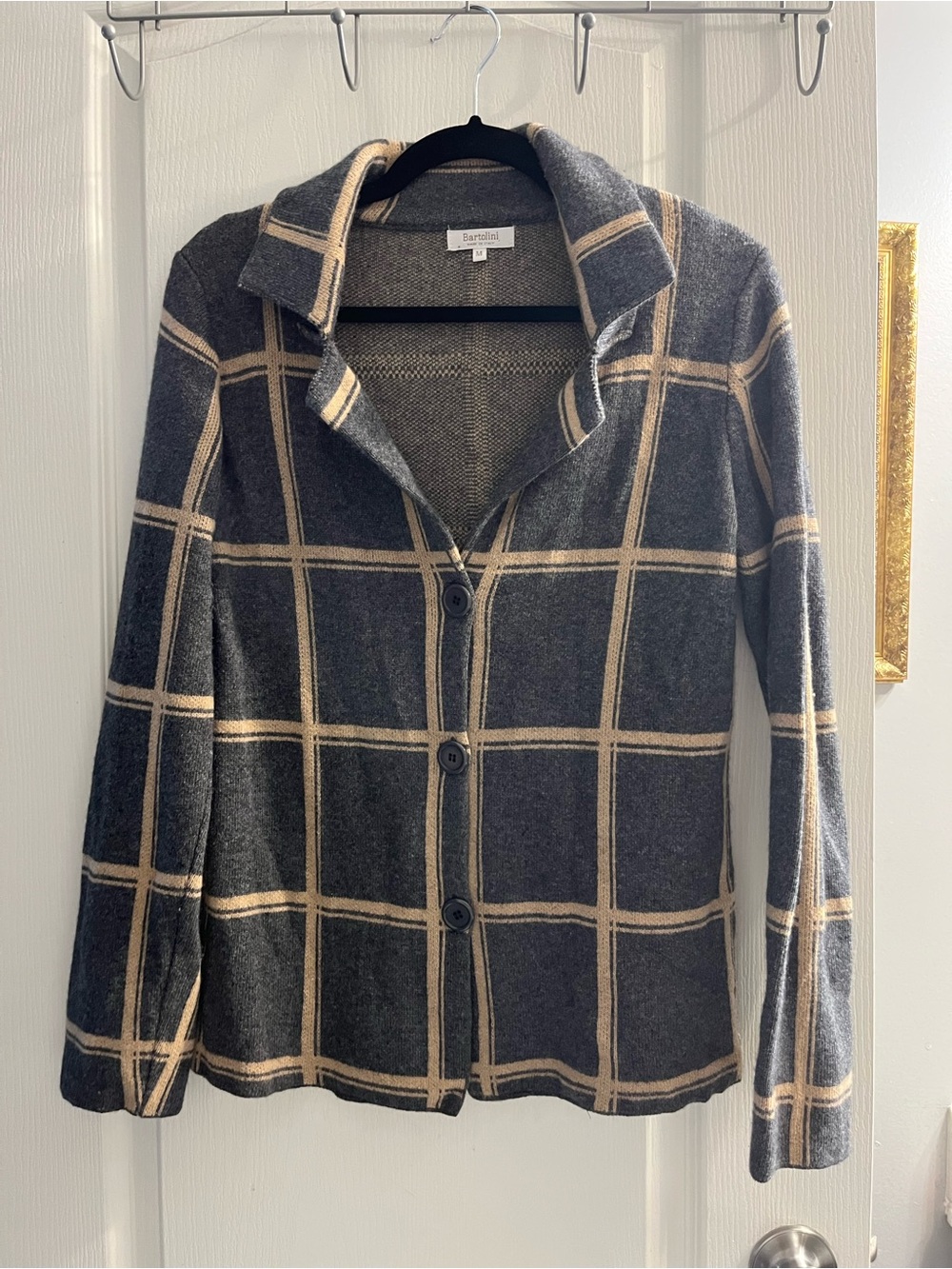 Bartolini Gray/Beige Windowpane Button-Front Cashmere Blend Sweater Jacket M